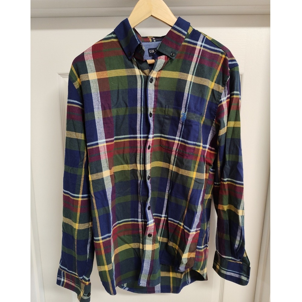 US Polo Assn Mens Plaid Button Down Shirt Navy Green‎ Red Stretch 11C852 Medium
